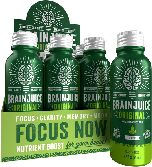 BrainJuice Focus & Energy Drink Shots, Nootropics with Alpha GPC, B Vitamins & Organic Green Tea Caffeine, Supports Focus,