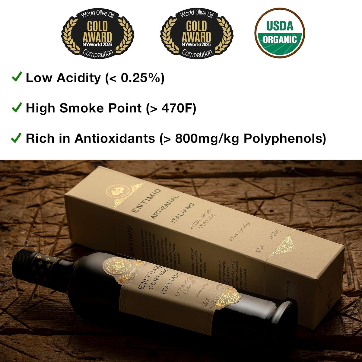 Entimio Cortese Organic Italian Extra Virgin Olive Oil from Italy, 800+ mg/kg High in Polyphenols, 2026 Gold Winner, Tuscany