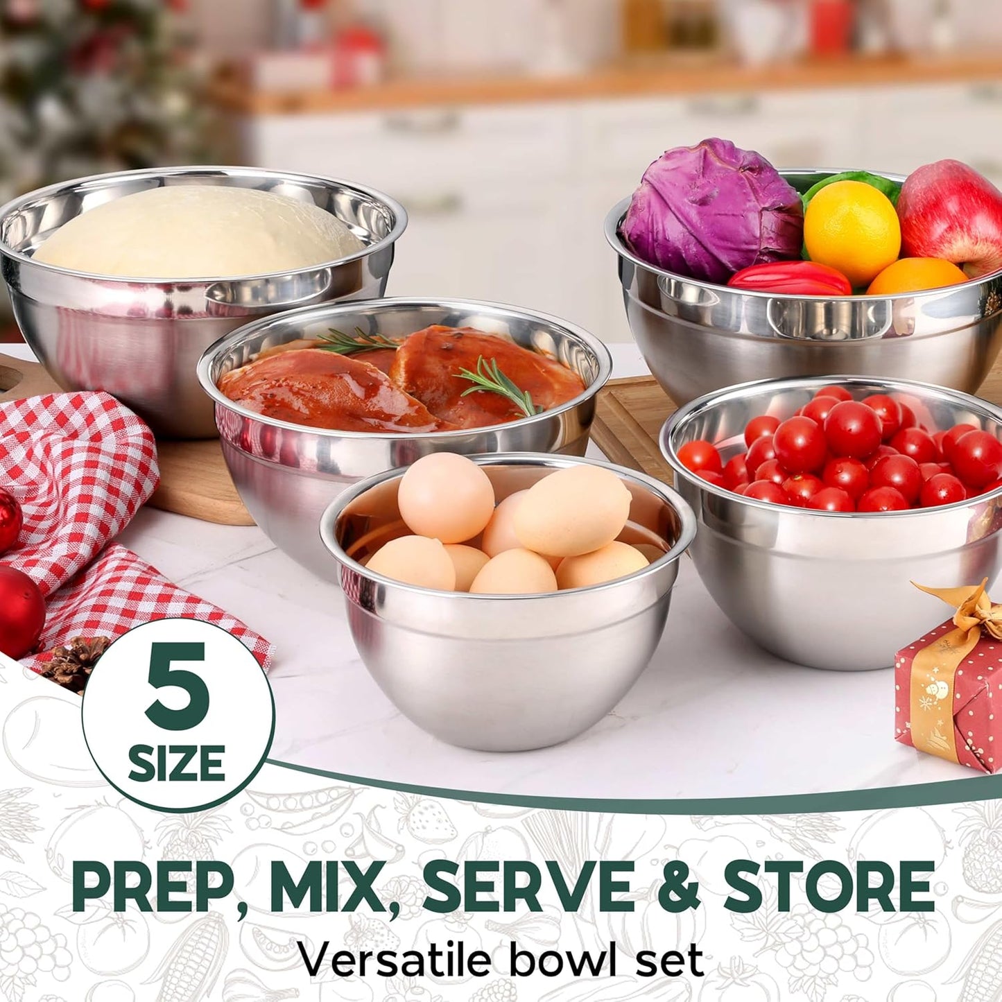 Stainless Steel Mixing Bowls with Black Lids, Metal Nesting Mixing Bowl Set of 5 - Size 1.5, 2, 2.6, 3.5, 4.6QT