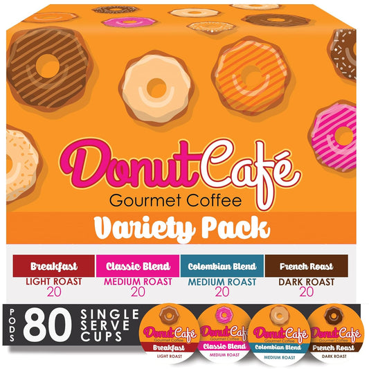 Donut Café Single Serve Coffee Pods for Keurig K Cup Brewers, Light Medium and Dark French Roast, Breakfast Classic Blend,