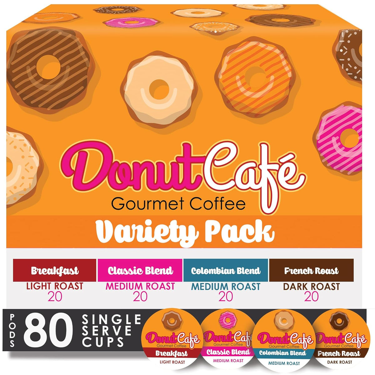 Donut Café K-Cup Coffee Pods, Light Medium and Dark Roast, Variety 80 Count | Variety Pack Includes 20 Breakfast, 20 Colombian, 20 French Roast, and 20 Classic Blend, Compatible with Keurig K Cup Brewers