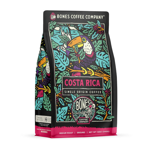 Bones Coffee Company Costa Rica Single-Origin, Cocoa, Nutty and Milk Chocolate Notes, Ground Coffee Beans, Low Acid Medium