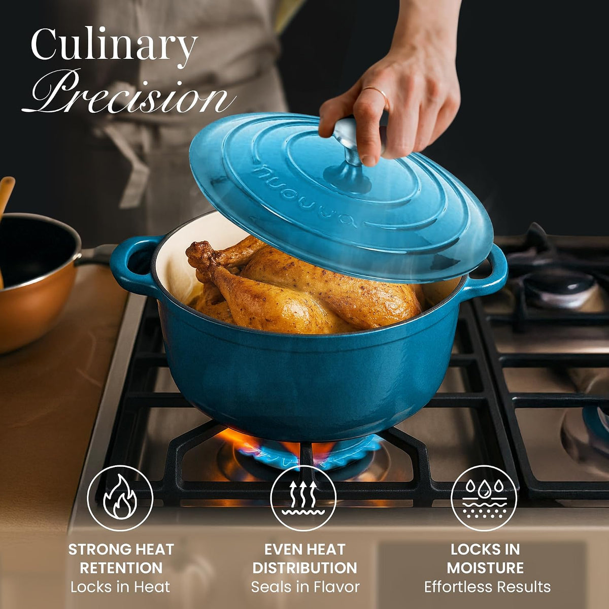 Cast Iron Pot with Lid – Non-Stick Ovenproof Enamelled Casserole Pot, Oven Safe up to 500° F – Sturdy Dutch Oven Cookware – Blue, 5-Quart, 24cm – by Nuovva