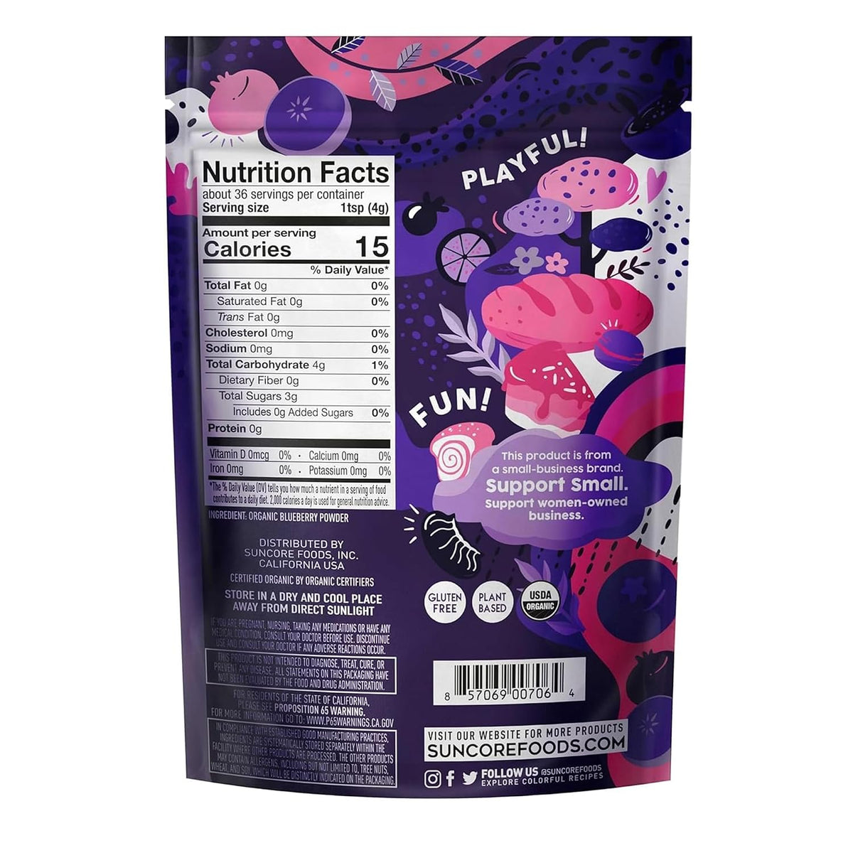 Suncore Foods Organic Indigo Blueberry Powder 5oz | Gluten Free | Vegan | Natural Purple Food Coloring, Single Ingredient Superfood, For Baking, Desserts, Smoothies, Drinks, Non-GMO, Resealable Pouch