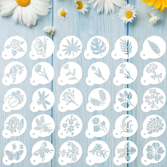 Marspark 30 Pieces Coffee Stencil Cookie Cake Stencils Latte Art Reusable Plastic DIY Bake Stencils Leaves Butterfly Flowers