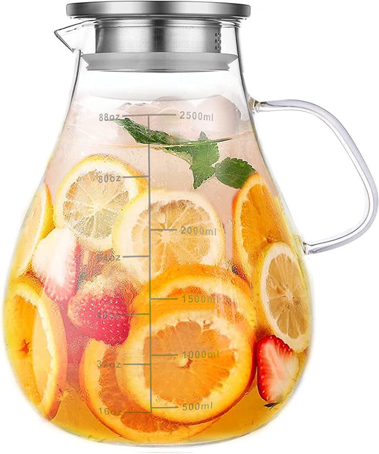 Glass Pitcher with Lid,88 Ounces -2500ml with Precise Scale Line, Hot/Cold Water Jug, Juice and Iced Tea Beverage Carafe