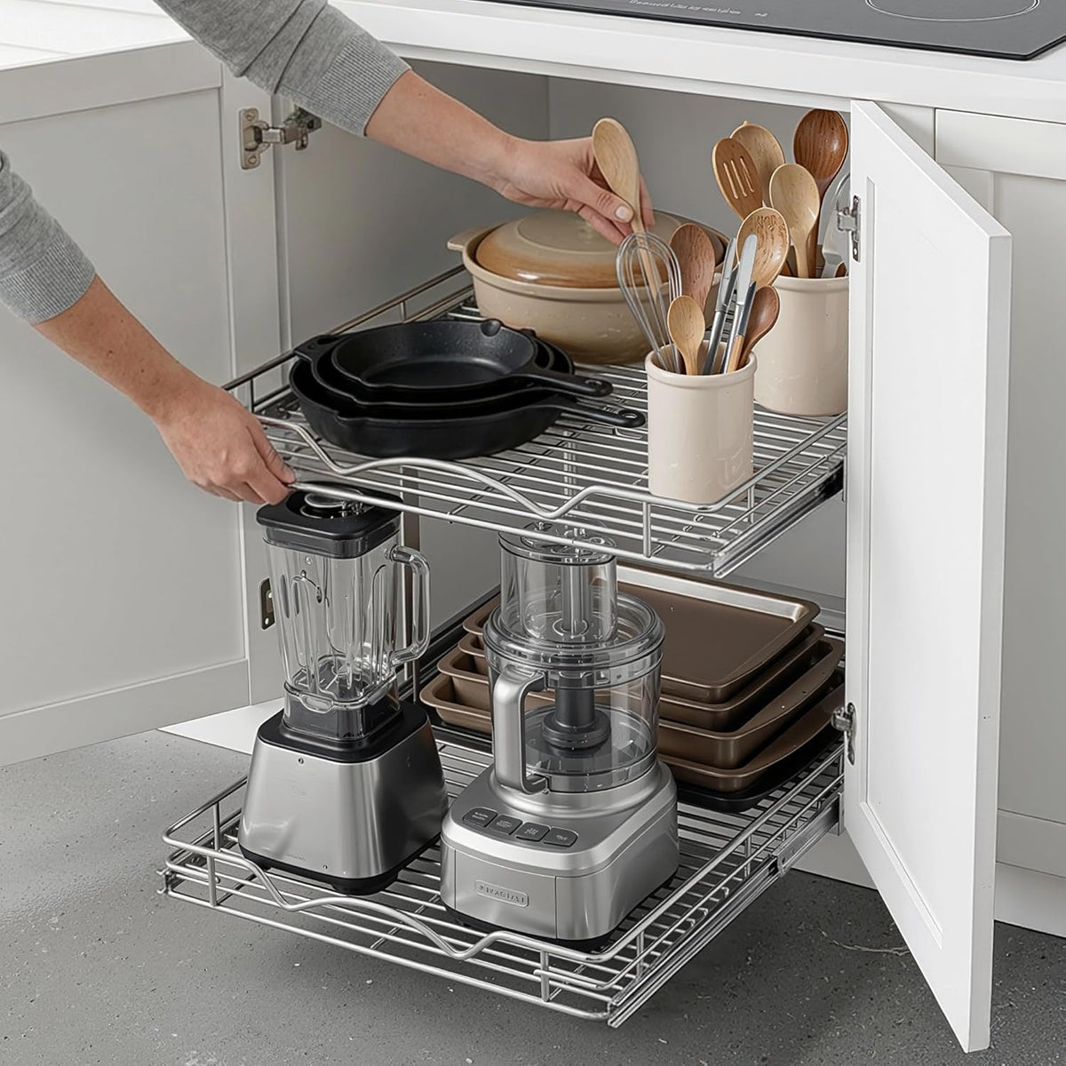 2-Tier Pull-Out Cabinet Organizer for Kitchen, 17" W x 21”D x 16.5" H
