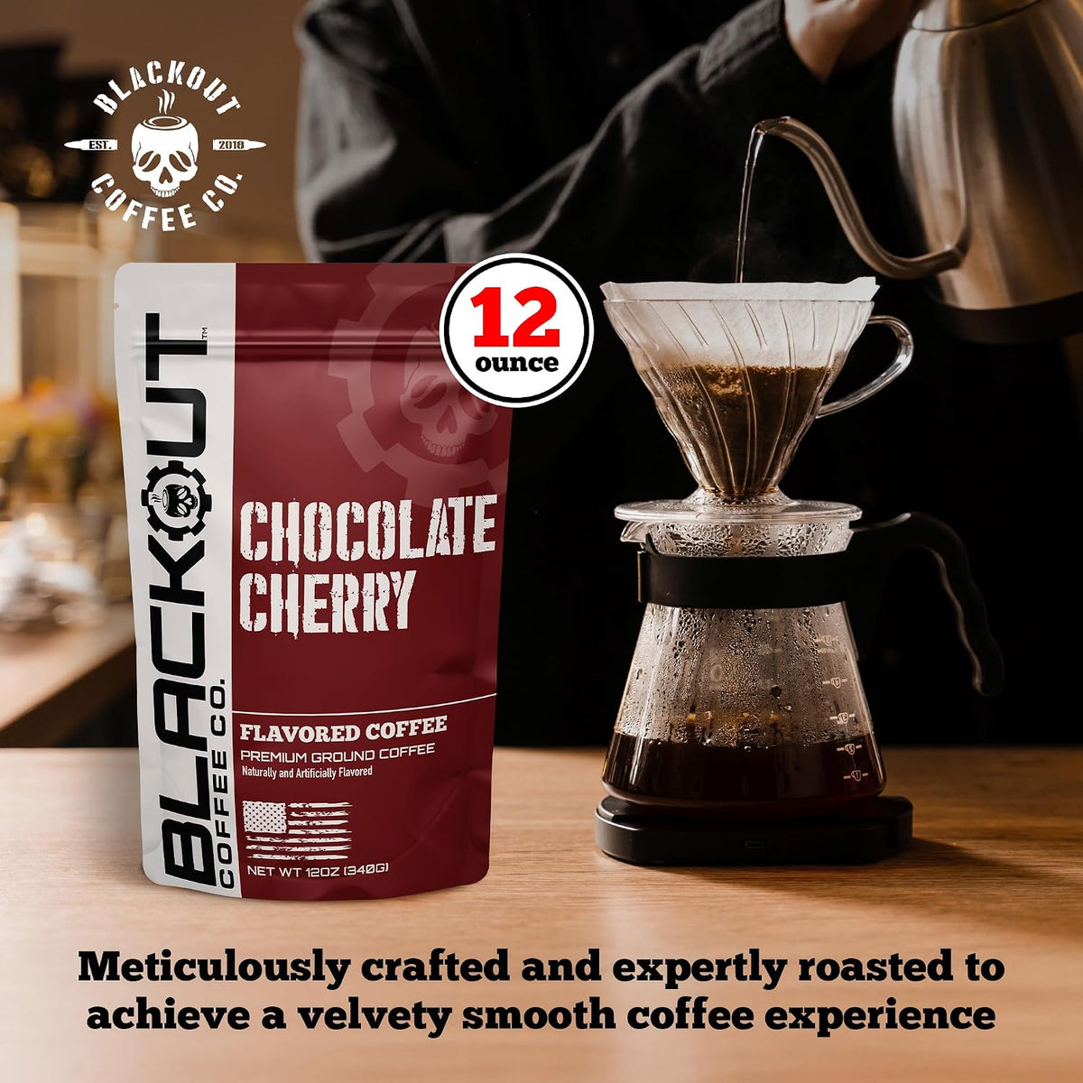 Blackout Coffee Chocolate Cherry Flavored Ground Coffee – Medium Roast, Smooth Taste, Guilt-Free Indulgence – Freshly Roasted 12oz Pouch.