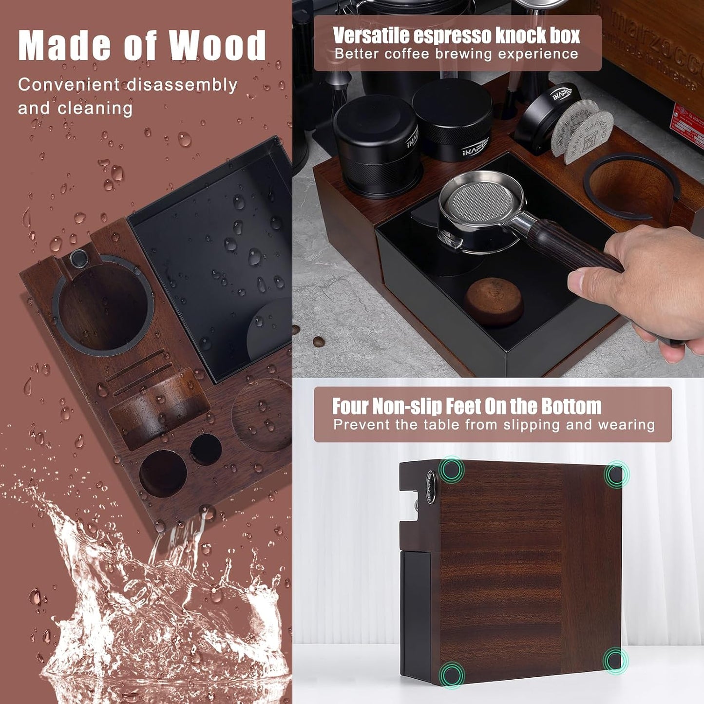 IKAPE V5 Espresso Knock Box, Espresso Coffee Organizer Box Fit for Storage 51, 54, 58MM Espresso Tamper, Distributor, Portafilter &amp; Puck Screen Accessories, Natural Walnut Station Base(9 IN One)