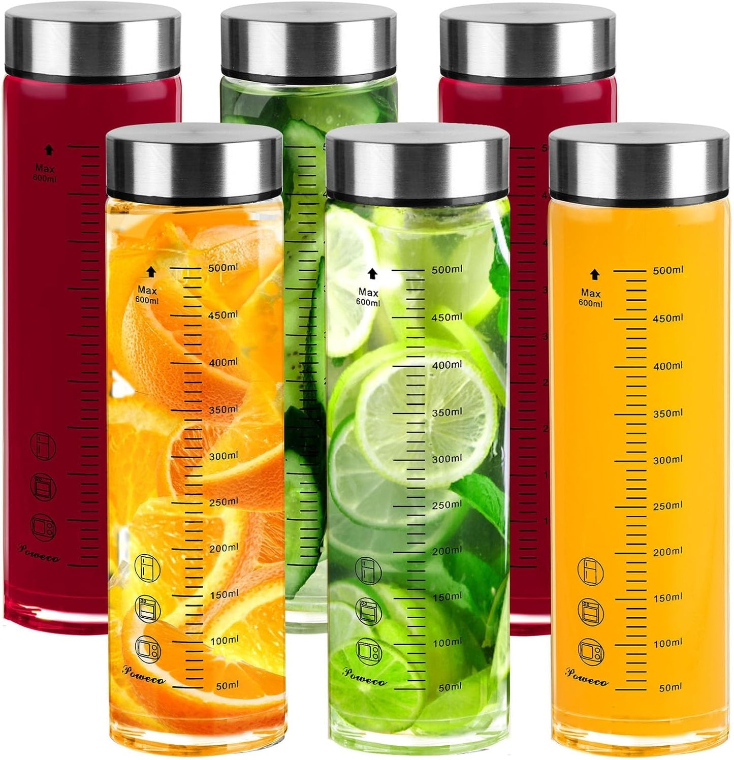 Glass Juice Bottles 6 Pack 20 oz - Wide Mouth Glass Water Bottles with Lids - for Juicing, Protein, 