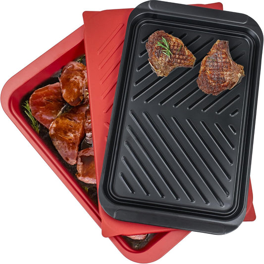 Grilling Prep and Serving Tray with Lid, BBQ Deep Tray for Marinating Raw and Cooked Food, Melamine Serving Trays for Food,