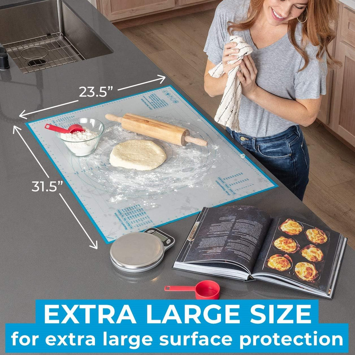 Silicone Pastry Mat XXL, Extra Large Dough Rolling Mat for Baking &amp; Pizza | Non-Slip, Easy-Clean Surface, 23.5 x 31.5 Inches, Printed Measurements &amp; Conversion Chart, For Dough, Cookies, Pie &amp; Fondant.