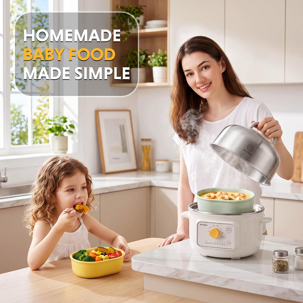 BUYDEEM G32 Electric Food Steamer 1.6QT, Stainless Steel Steamer for Vegetable Egg Seafood, 8 Time Settings, Triple Dry Protection, Quick Steam, Healthy Cooking for 1-2 Servings, Arctic White