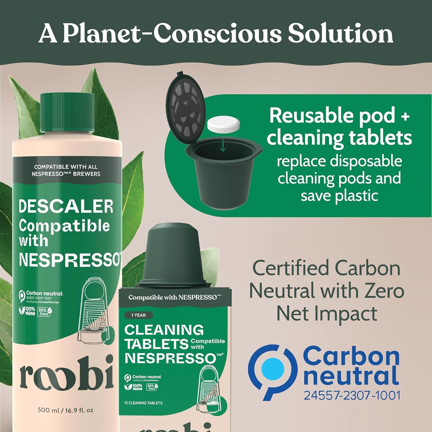 Roobi Descaling and Cleaning Kit Compatible with Nespresso Originaline | 500ml Bottle of Descaling Solution, 12 Cleaning Tablets, 1 Reusable Pod, Carbon Neutral, 1 Year Supply