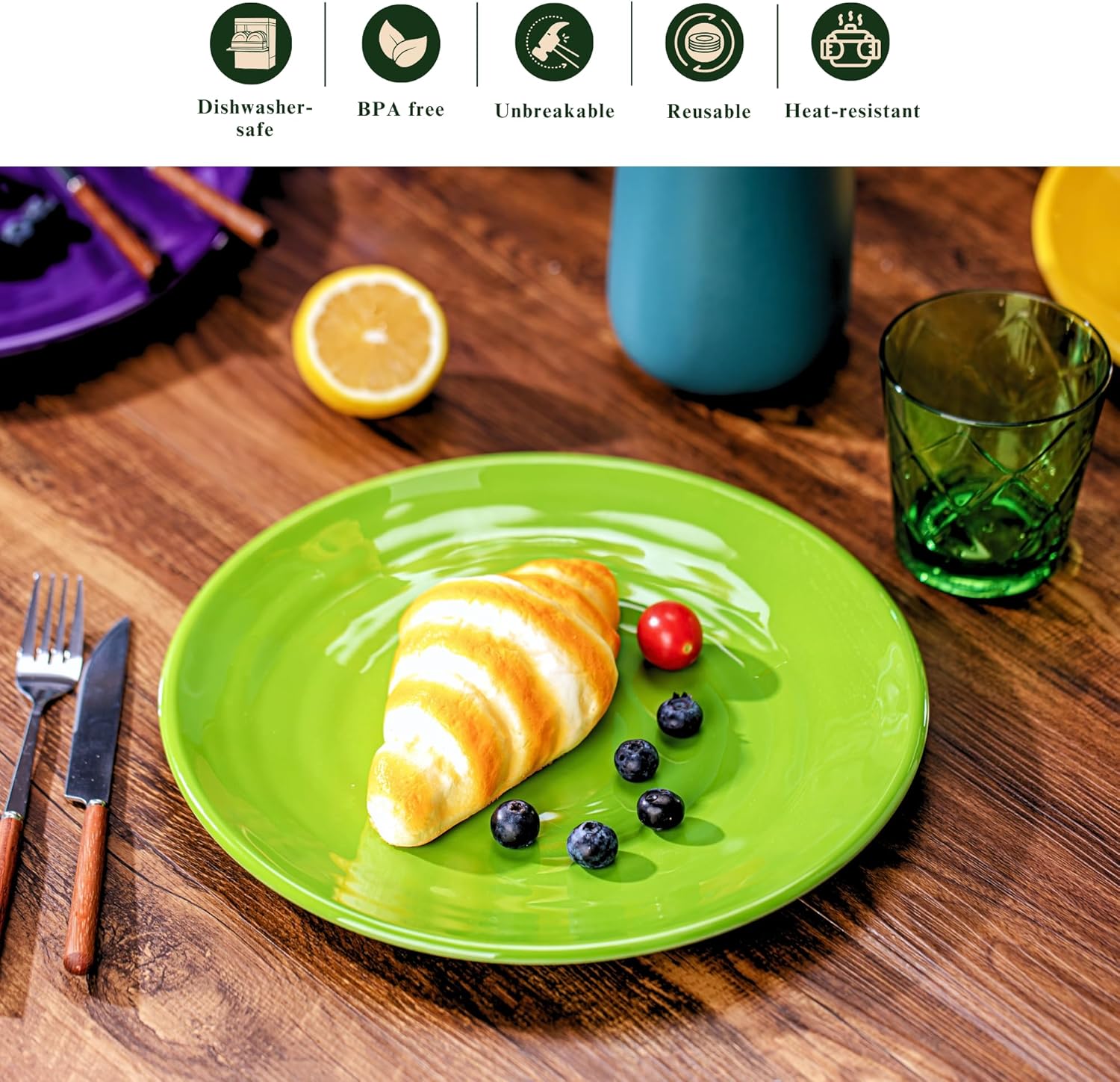 11-Inch Melamine Plates (Set of 6) - Unbreakable and Reusable Plastic Dinnerware with Ceramic Feel, Stackable and Dishwa