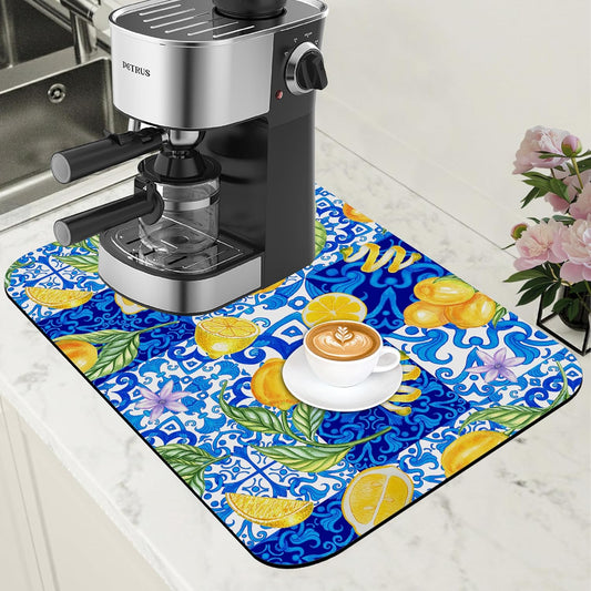 Lemon and Blue Tile Dish Drying Mat for Kitchen Counter Coffee Bar Mat Hide Stain Absorbent Rubber Backed Drying Rack Pad