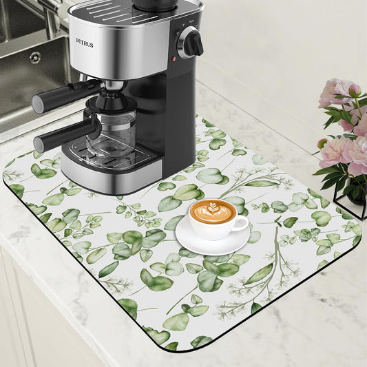 Eucalyptus Leaves Dish Drying Mat for Kitchen Counter Bar Mat Hide Stain Absorbent Rubber Backed Coffee Mat Coffee Maker