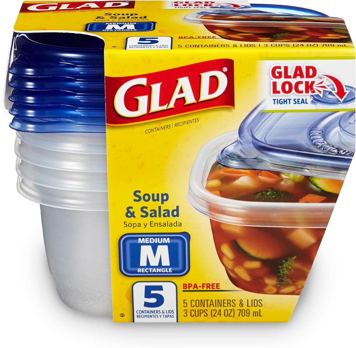 Glad GladWare Medium Rectangle Food Storage Containers, 24 Oz, 5 Ct, 6-Pk
