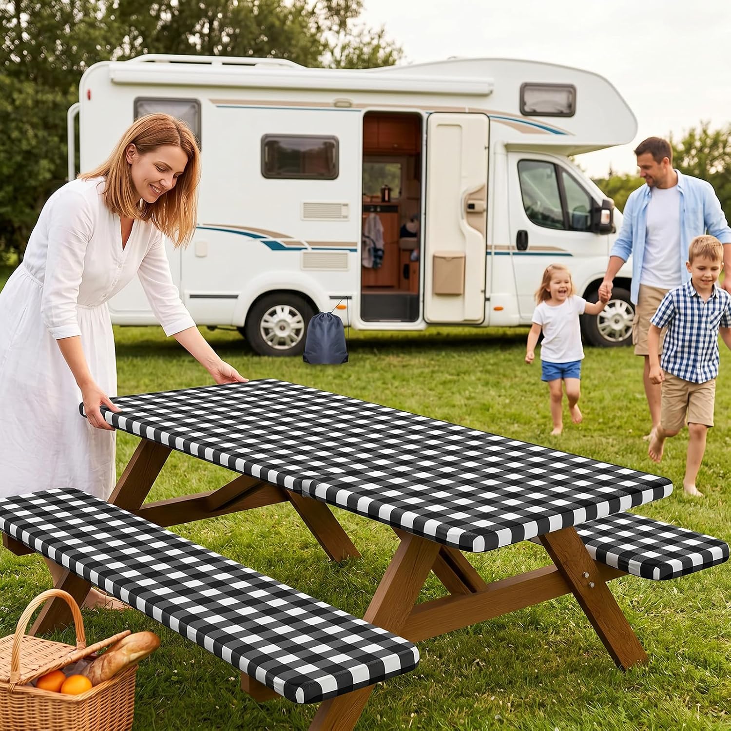 Smiry 6FT Picnic Table Cover with Bench Covers, Elastic Fitted Tablecloth | Waterproof Washable Rectangle Tablecloths ,B