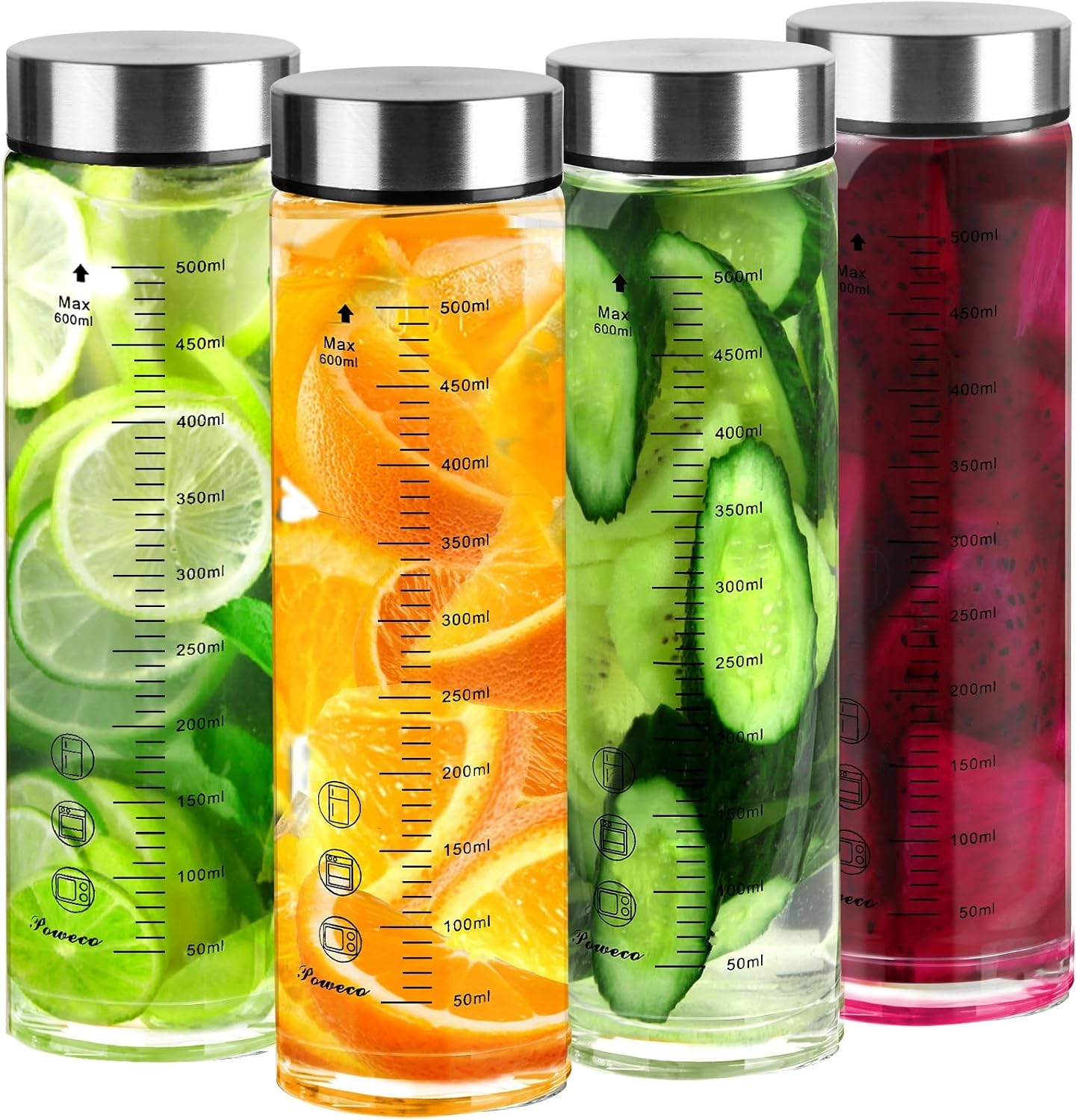 Glass Juice Bottles 4 Pack 20 oz - Wide Mouth Glass Water Bottles with Lids - for Juicing, Protein, 