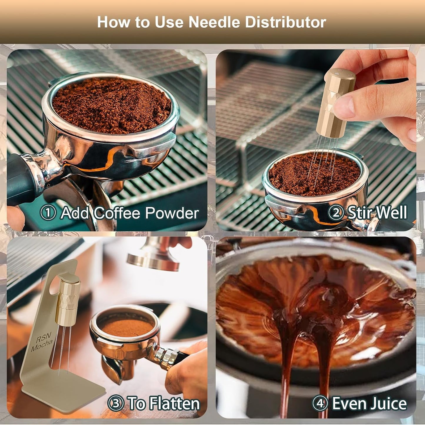 WDT Tool Espresso Distribution Tool, Coffee Distribution Tool with Magnetic Stand, Espresso Accessories with 6 Extra Φ0.25mm Stainless Steel Needles for Barista (Rich Gold, Φ0.25mm)