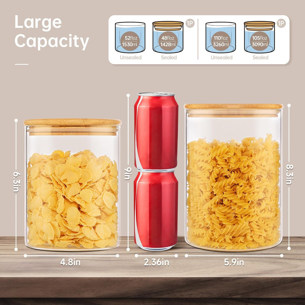 Extra Large Glass Flour and Sugar Storage Containers with Airtight lid,105 floz x1 & 48 floz x1 [Set of 2] Big Glass Jars with Bamboo Lids, Air Tight Food Jar for Cereal, Pasta, Rice, Coffee
