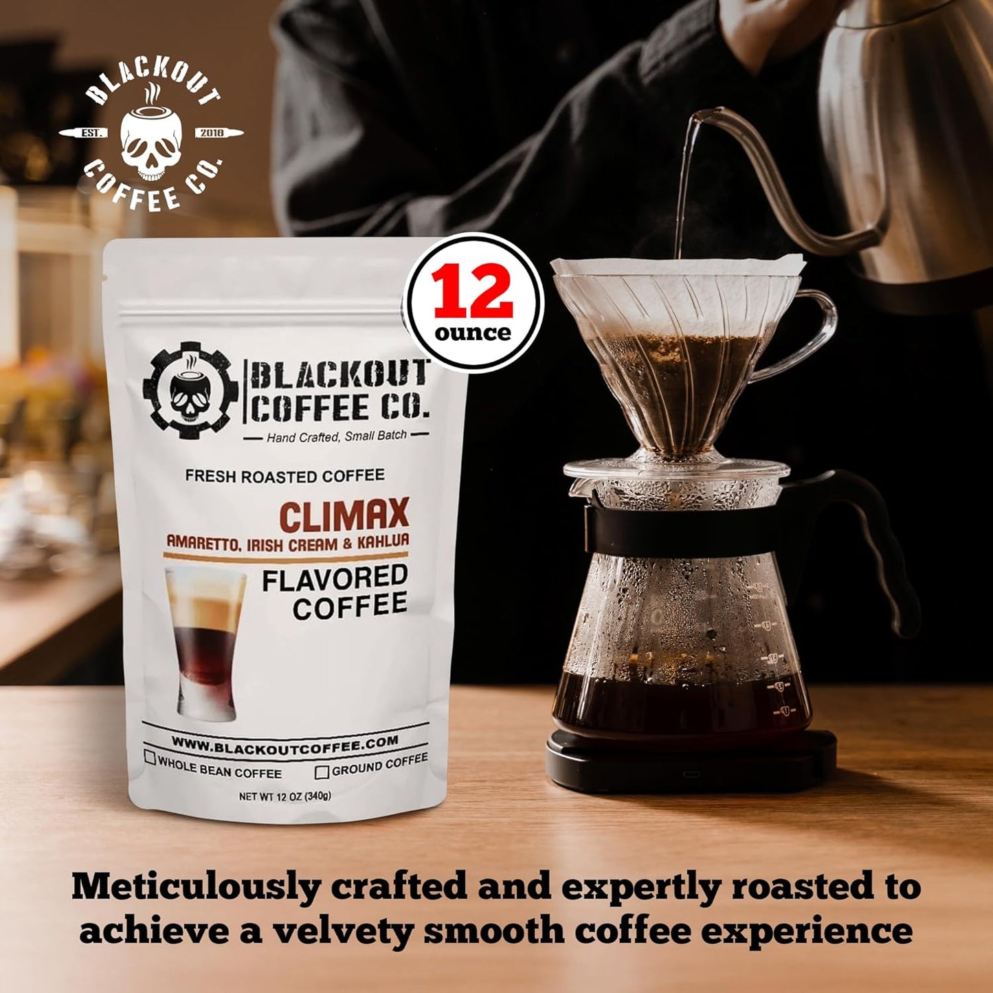 Blackout Coffee Climax Amaretto, Irish Cream & Kahlua Flavored Ground Coffee, Medium Roast - Ground Coffee, Fresh Roasted In the USA,12 oz Pouch