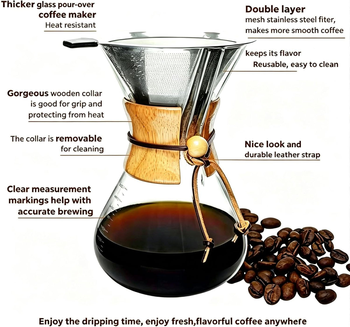subjectthree Drip Coffee Pour Over Glass Coffee Maker Kit 8 Cup (28 Ounce)