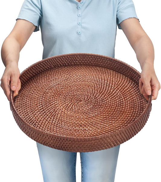 16.9 inch Round Rattan Tray, Woven Large Serving Tray with Handles, Wicker Serving Basket, Coffee Table Decor for Living