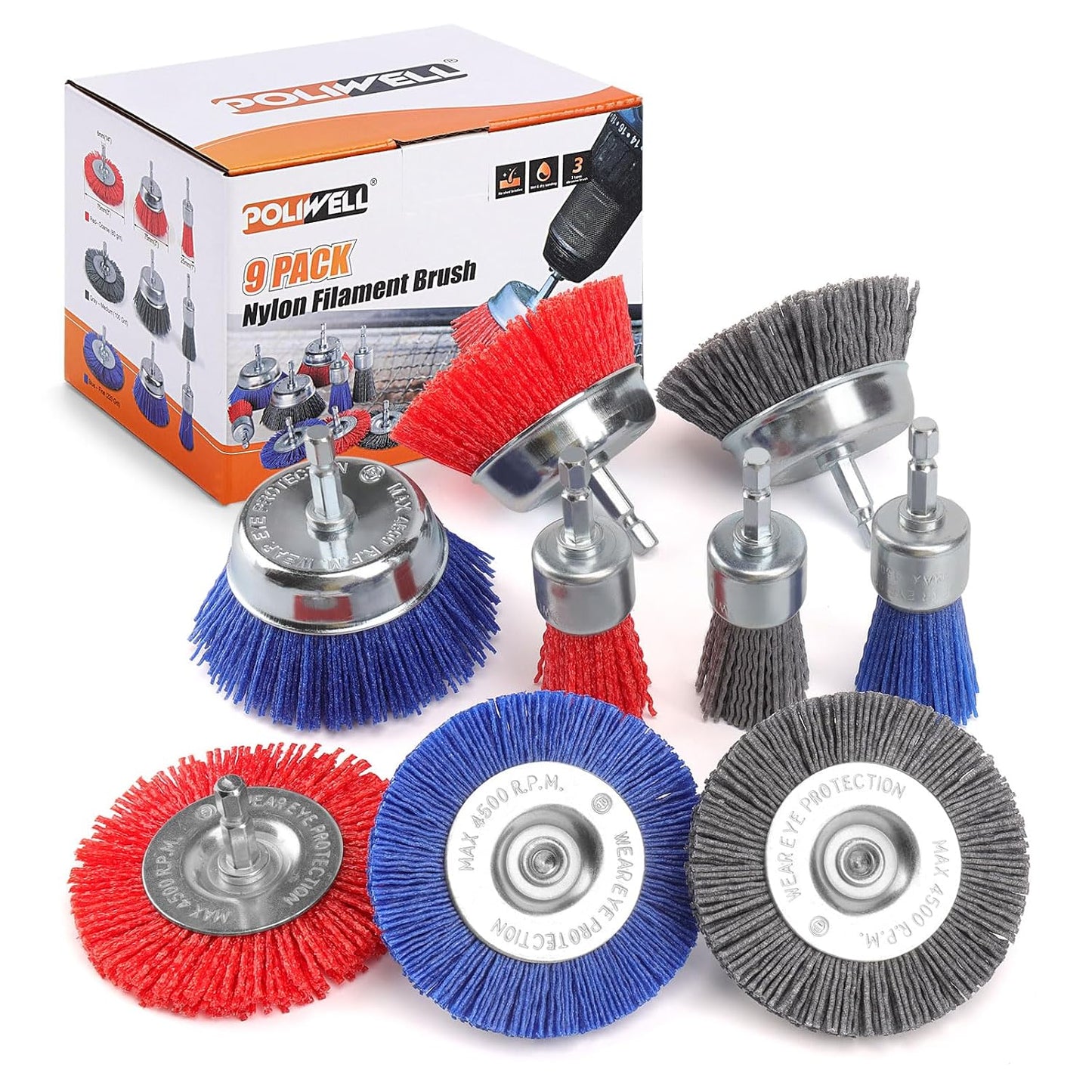 POLIWELL 9 Pack Nylon Filament Abrasive Wire Sanding Brush Wheel