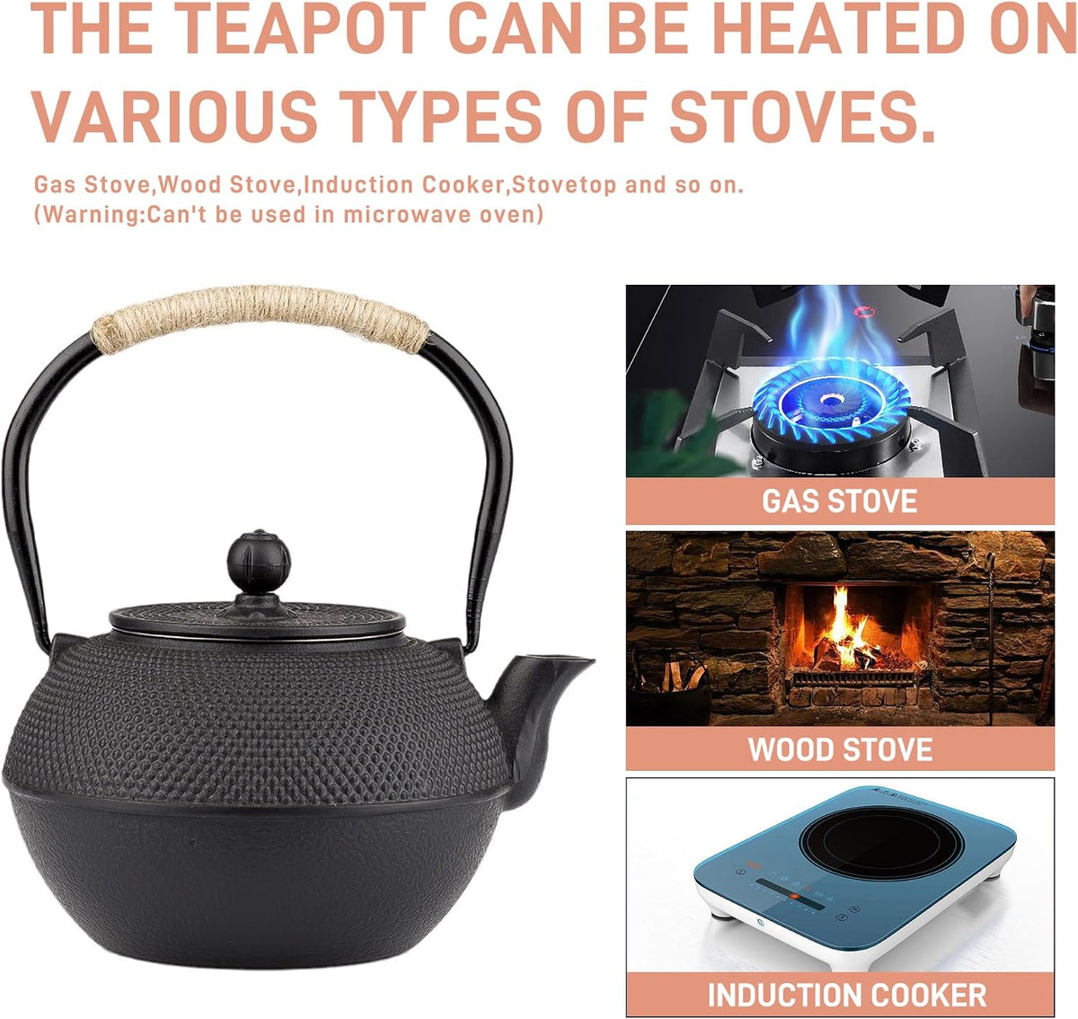40oz Cast Iron Tea Kettle for Stovetop, Black Teapot with Infuser