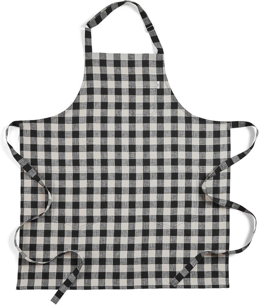 Solino Home Linen Bib Apron for Men & Women - Black and Cream Kitchen Apron with Front Pockets - Handcrafted from European