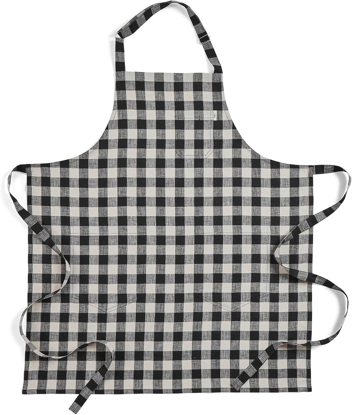 Solino Home 100% Pure Linen Apron, 33 x 30 in, Black and Cream, Bib Apron