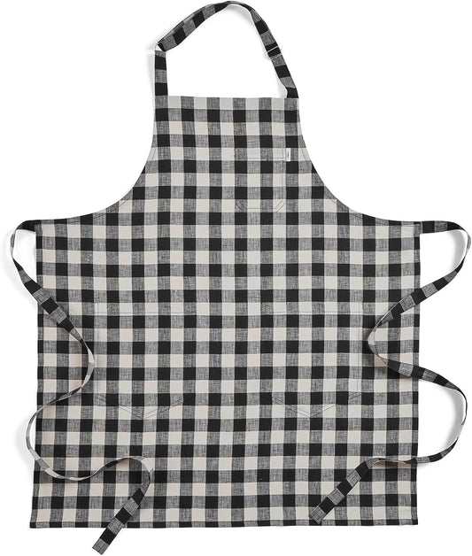 Solino Home 100% Pure Linen Apron, 33 x 30 in, Black and Cream, Bib Apron
