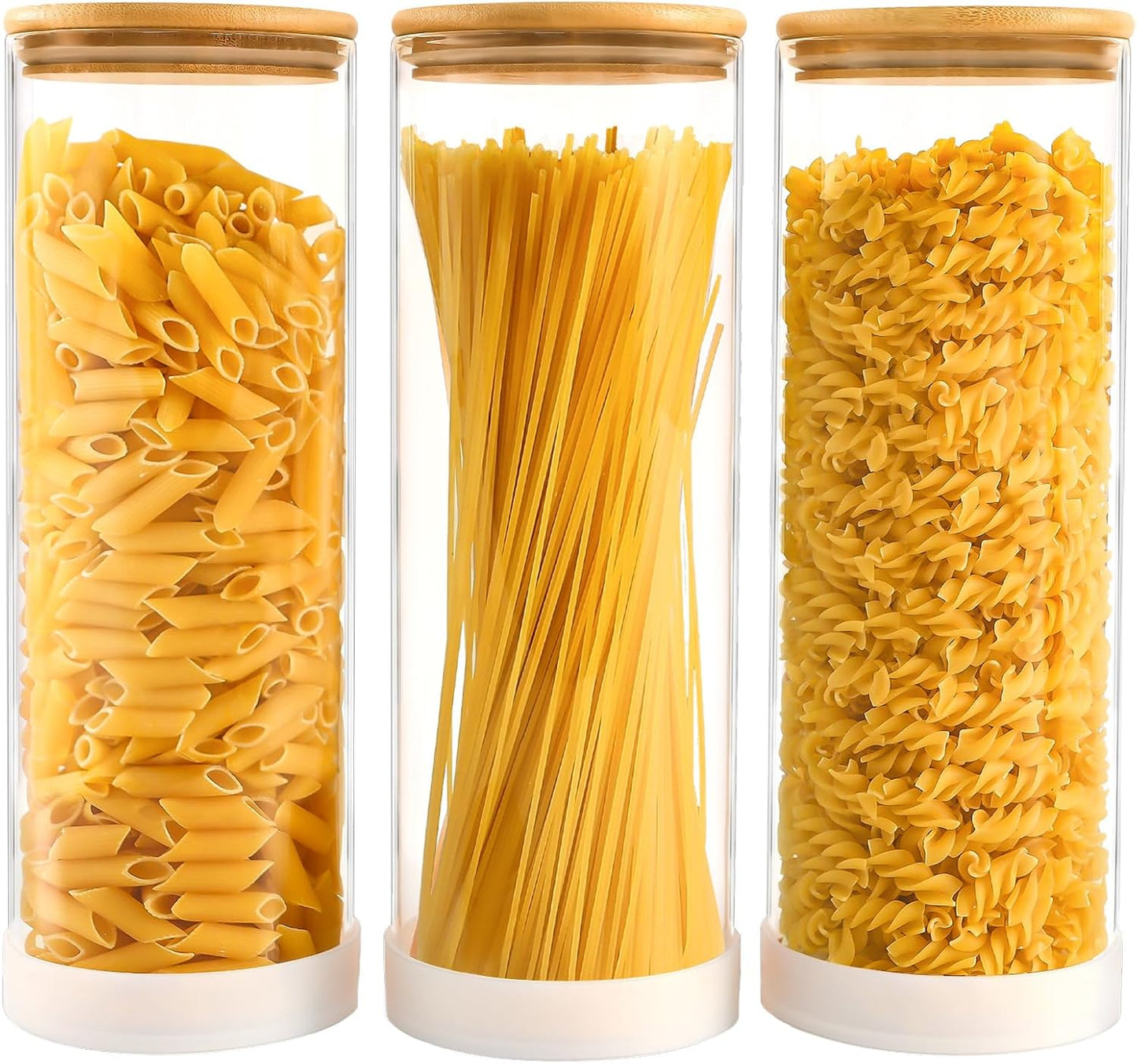 TBWIND 73oz Glass Spaghetti Pasta Containers for Pantry Organization, 3-Pack Large Airtight Food Jars with Bamboo Lids and Protective Silicone Base, Clear Storage Canisters for Flour, Cereal, Rice