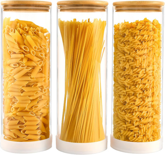 TBWIND 73oz Glass Spaghetti Pasta Containers for Pantry Organization, 3-Pack Large Airtight Food Jars with Bamboo Lids and Protective Silicone Base, Clear Storage Canisters for Flour, Cereal, Rice