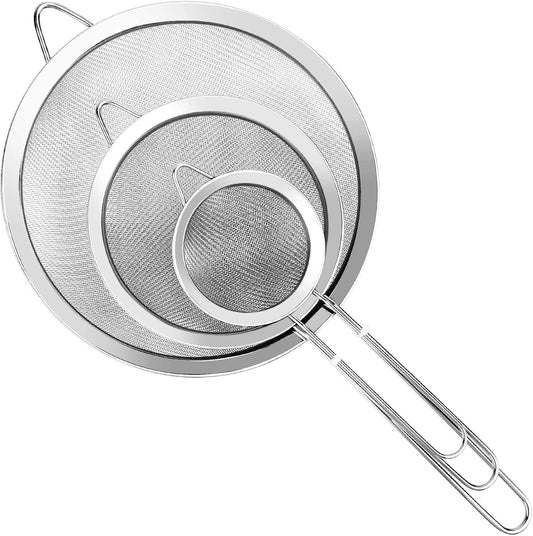 3Pcs Super Wire Extra Fine Mesh Strainer with Handle, Small Medium Large Size Sifter Metal Strainer Set, Stainless Steel