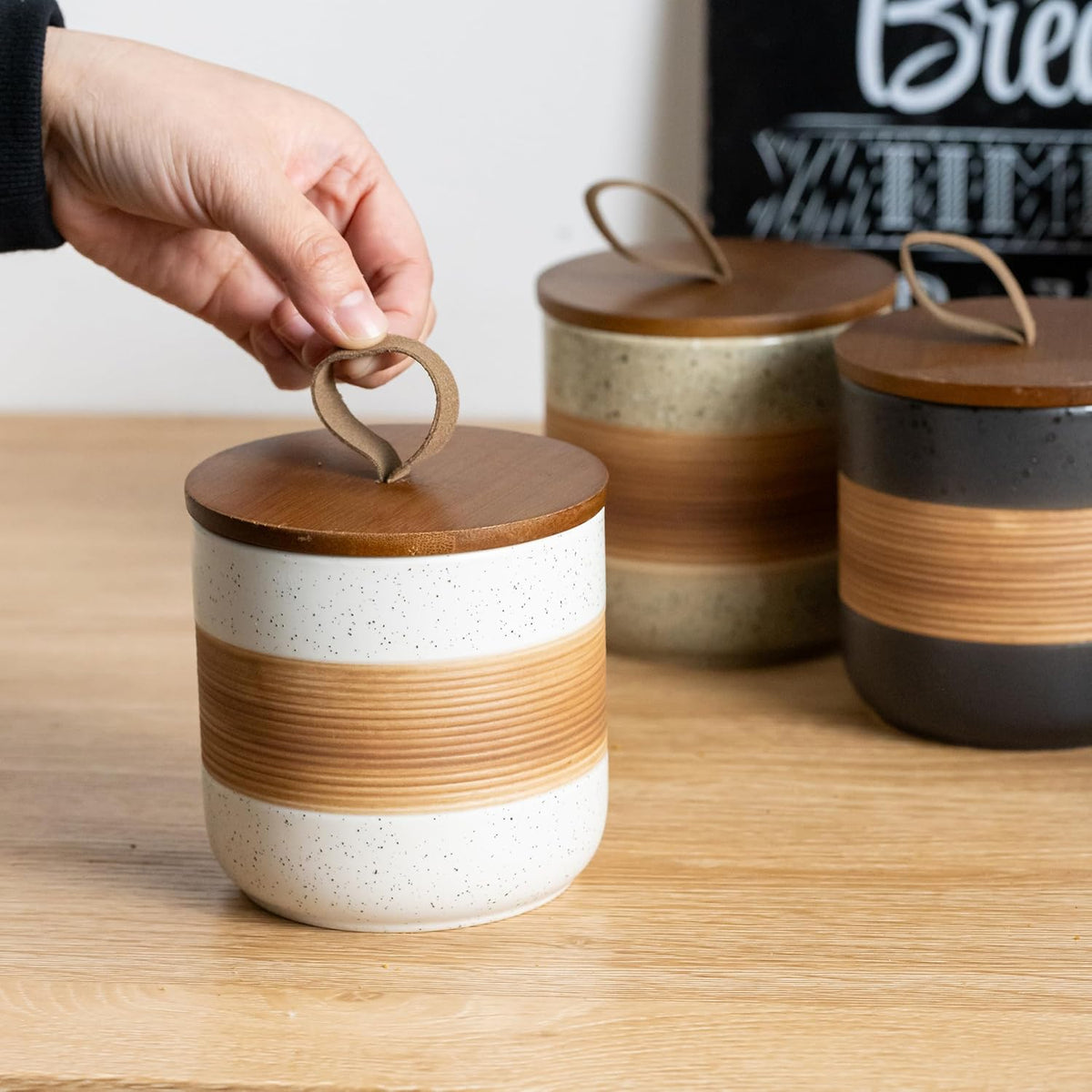 Small Ceramic Jar with Lid, Coffee Container Canister Kitchen Food Storage Jars for Spice Sugar Tea Bag, Stackable Decorative Jars for Countertop, White & 5 fl.oz