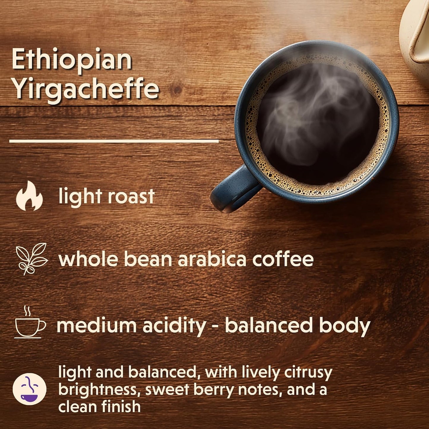 Coffee Bean Direct Ethiopian Yirgacheffe, Whole Bean, 2.5lb Bag | Light Roast, Single Origin Arbica Coffee Beans