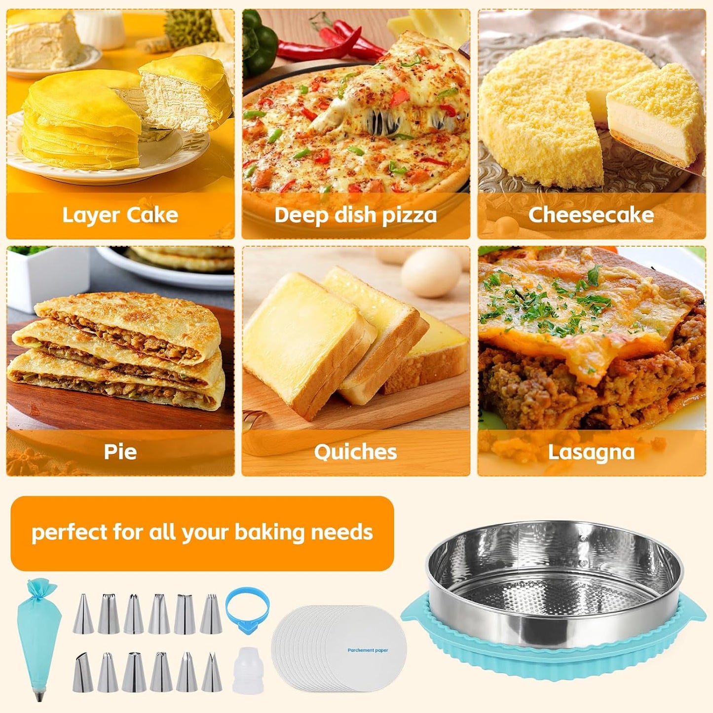 Springform Pan Set for Baking (7,9,10inches), 304 Stainless Steel Springform Cake Pan with Removable Bottom, Cheesecake Pan with 50PCS Parchment Paper for Pie Cake Pizza and Quiches
