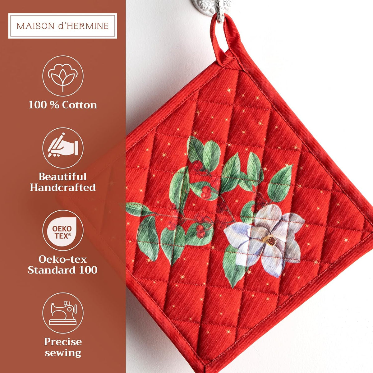 Maison d' Hermine Pot Holders 100% Cotton Heat Resistant Potholders 8" x 8" Hot Pads with Loop BBQ, Cooking, Baking, Grilling, Kitchen, Handling Hot Pans (Pack of 1, Noel)