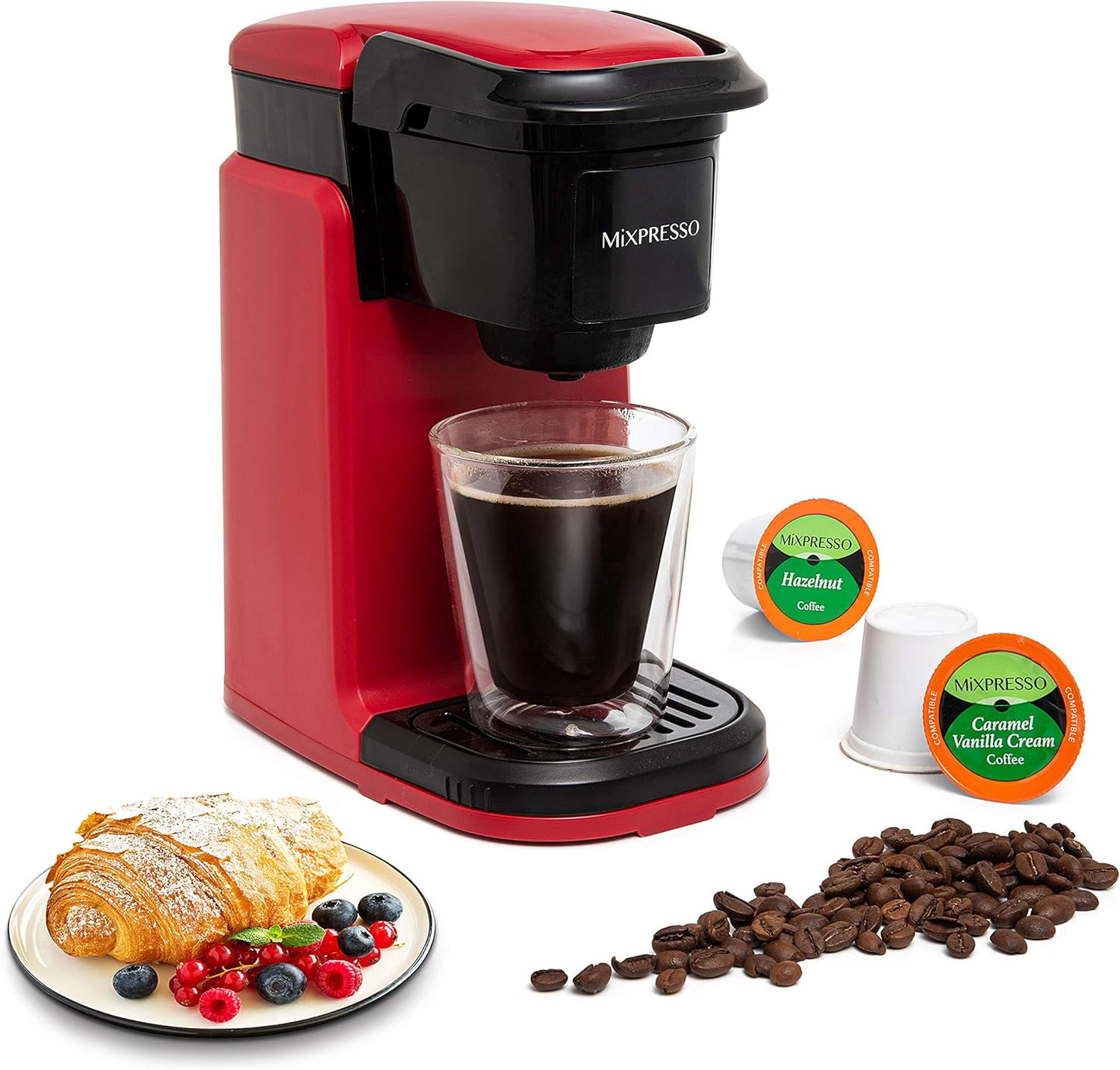 Mixpresso Single Serve Coffee Maker K Cup Coffee Maker for K Pods &amp; Grounds | Compact 800W Red Coffee Machine with 12 Oz Water Tank, Fast Brew &amp; Auto Shut-Off, Small Design for Travel, Office, RV &amp; Dorm