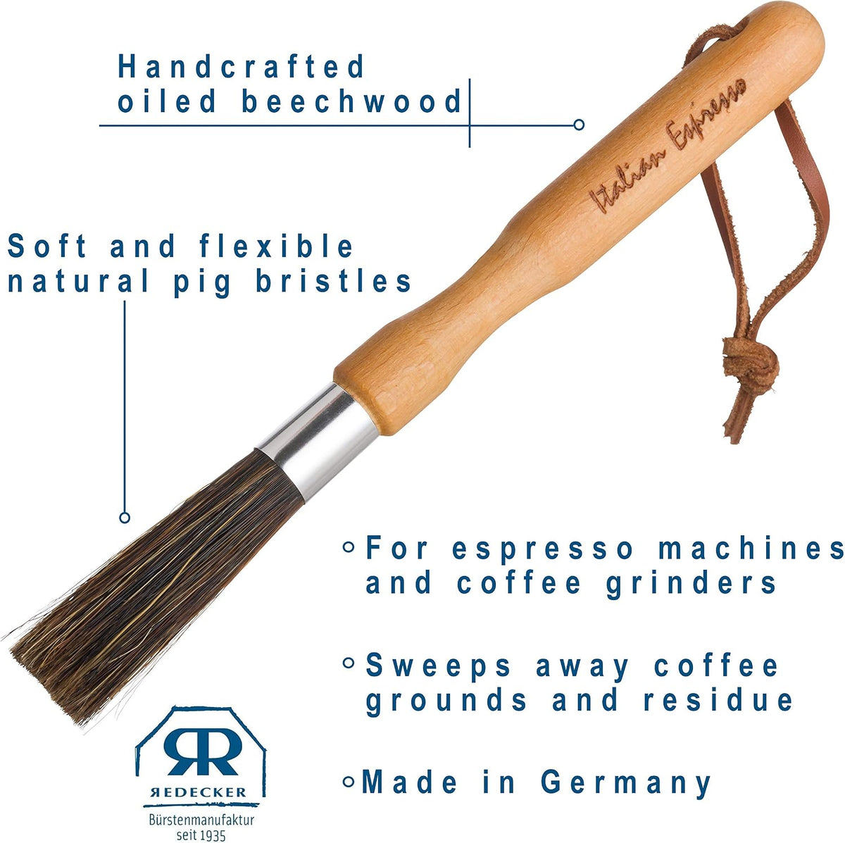 Redecker Natural Pig Bristle Espresso Maker Brush with Oiled Beechwood Handle, Narrow Brush Head Reaches Tight Spaces, Hanging Loop for Storage, 8 inches, Made in Germany