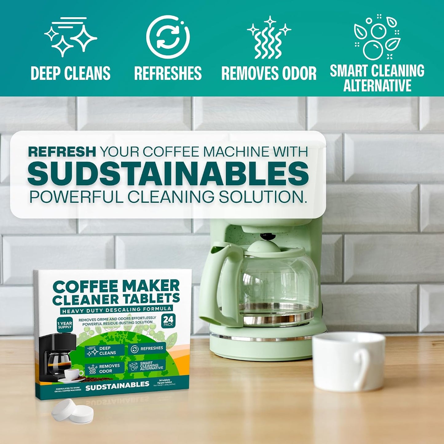 Sudstainables Coffee Maker Cleaner Tablets, Descaler, 24 Count | Removes limescale, coffee oils and stains. Compatible with Keurig, Nespresso, Breville and espresso machines.