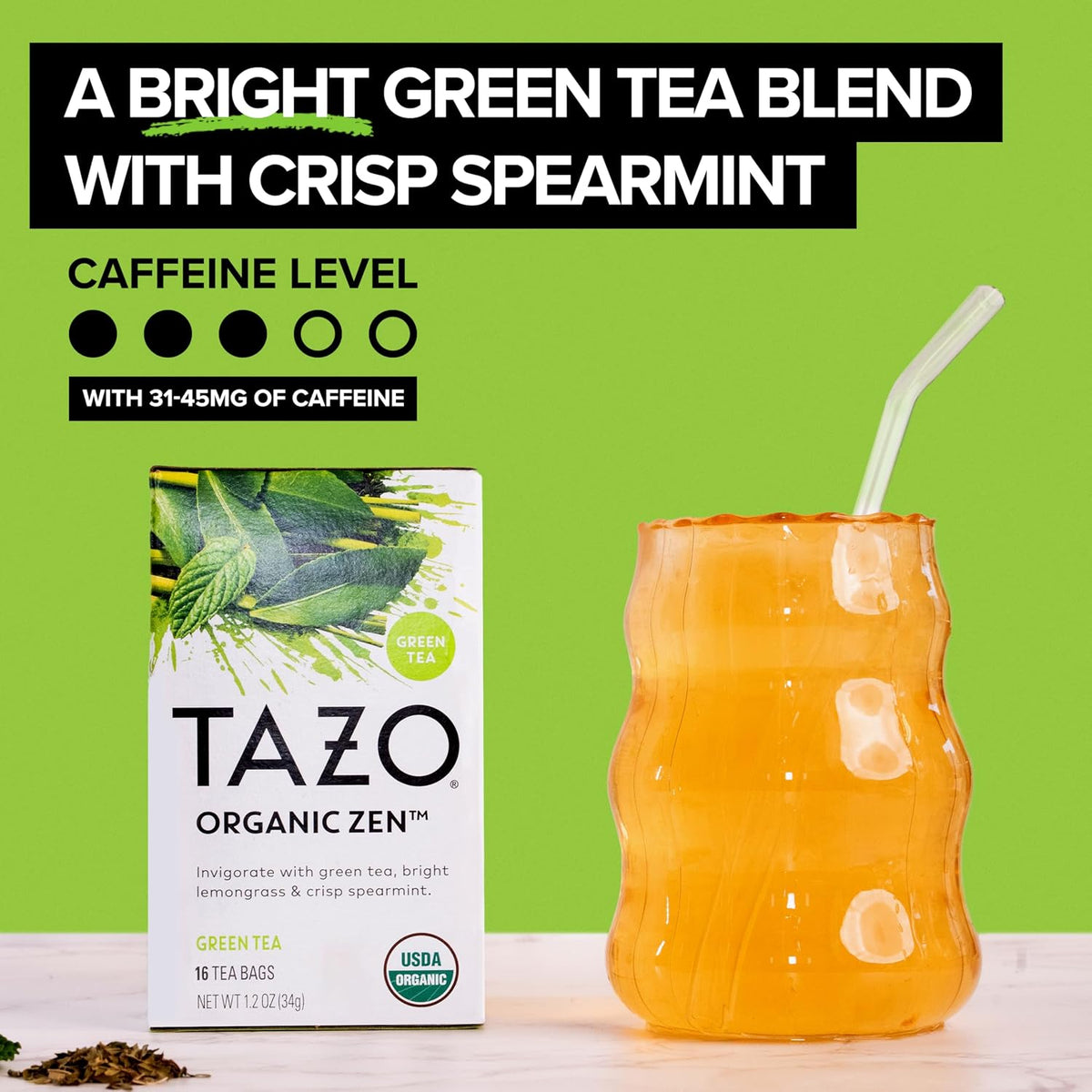 TAZO Organic Zen Green Tea, Caffeinated Tea with Refreshing Lemongrass &amp; Spearmint, 16 Total Bags
