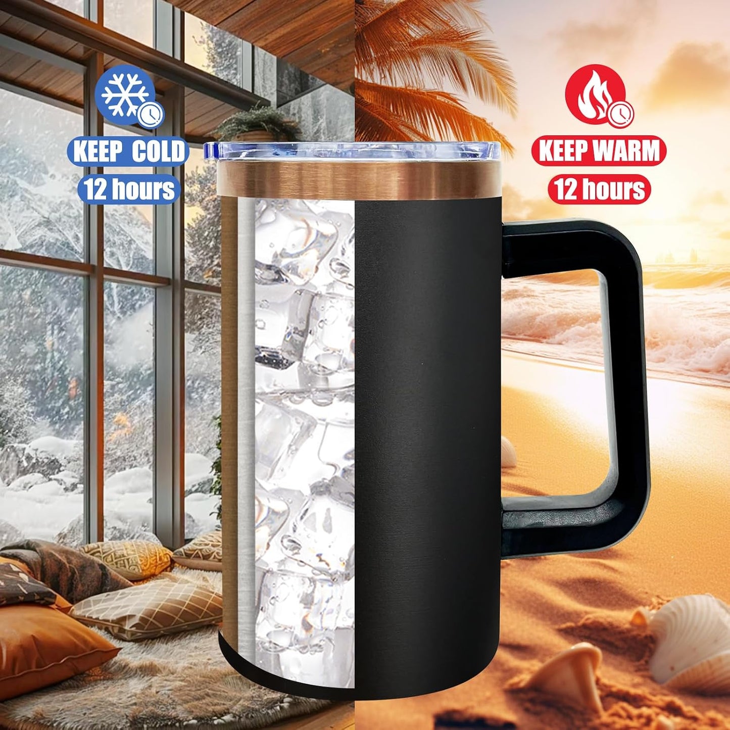 22oz Insulated Coffee Mug Bulk with Handle and Lid Black,4pack | Stainless Steel Coffee Travel Mugs, Double Wall Vacuum Tumbler, Keep Hot &amp; Cold, Leakproof, Powder Coated, Camping, Office