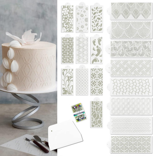 Cake Stencils - Cookie Stencils for Royal Icing, Templates for Buttercream Decorating, Baking Stencil, Mesh Reusable Spray Fondant Cookies, Paiting (18xDesigns with Scraper and 50xPins)