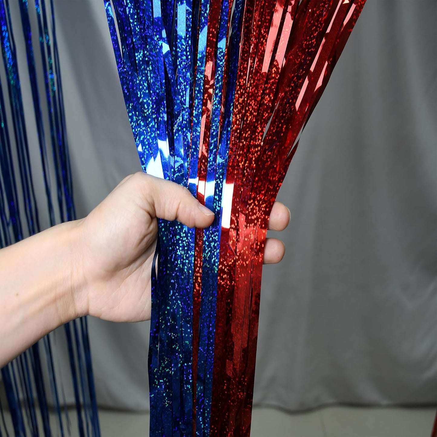 BRAVESHINE Red Blue Tinsel Foil Fringe Curtains | Party Steamers Backdrop | 2 Pack 3.2x8.2ft Metallic Curtain for Graduation/Men/Birthday/Web/Memorial/Anniversary/Bachelorette/4th of July Decorations