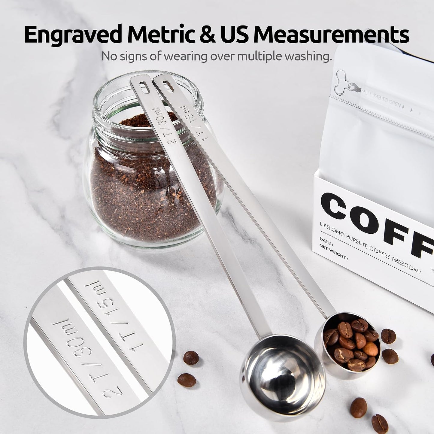 U-Taste Coffee Scoop 1&amp;2 Tablespoon: 18/8 Stainless Steel Measuring Scooper for Ground Coffee, Bean, Powder, Espresso, 6.9in Long Handle Metal Meaure Spoon for Canister, Jar(1&amp;2Tbsp/15&amp;30ml, Silver) | 18/8 Stainless Steel Tablespoon Scoop, Lon