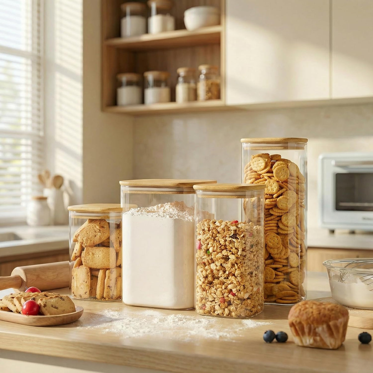 Square Glass Jars with Bamboo Lids 30 FL OZ [Set of 6], Glass Canisters with Airtight Lid, Glass Food Storage Container for Pasta, Flour, Sugar, Rice, Best for Kitchen & Pantry
